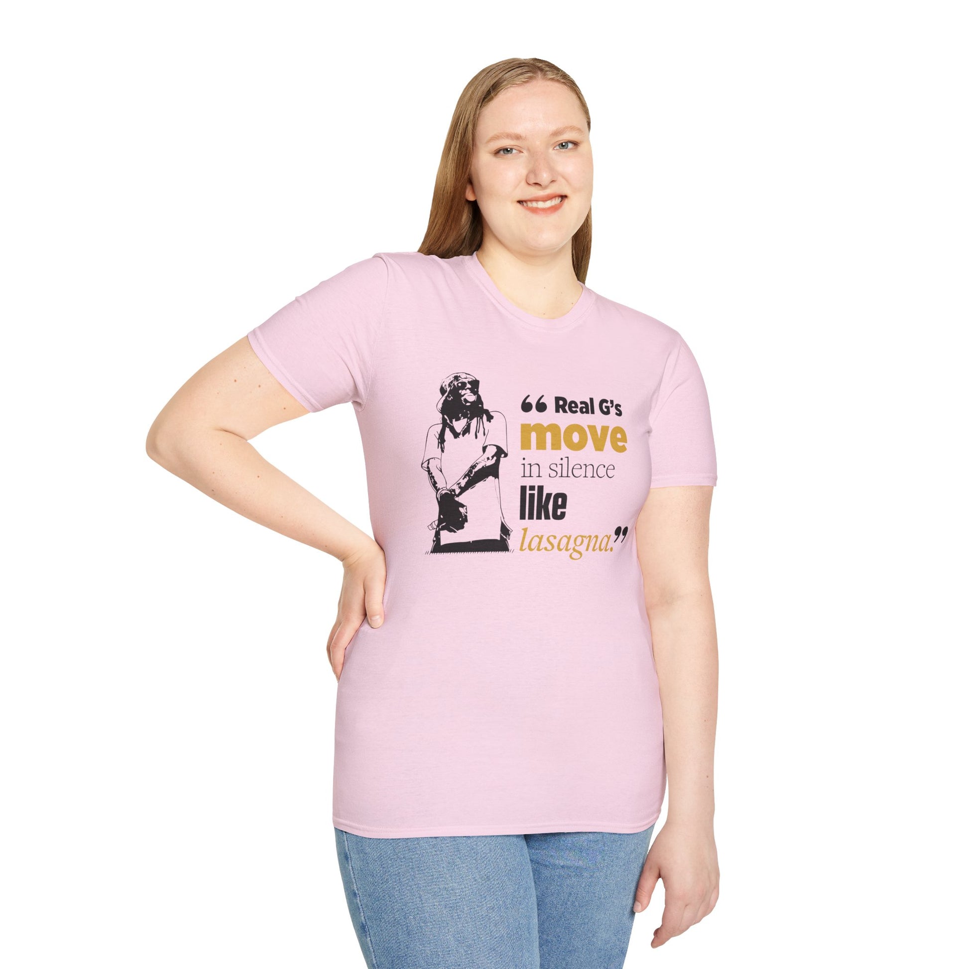 LilnWaynee Unisex Softstyle T-Shirt - 'Real G's Move in Silence Like Lasagna' Quote Tee - Rhythm & Drip