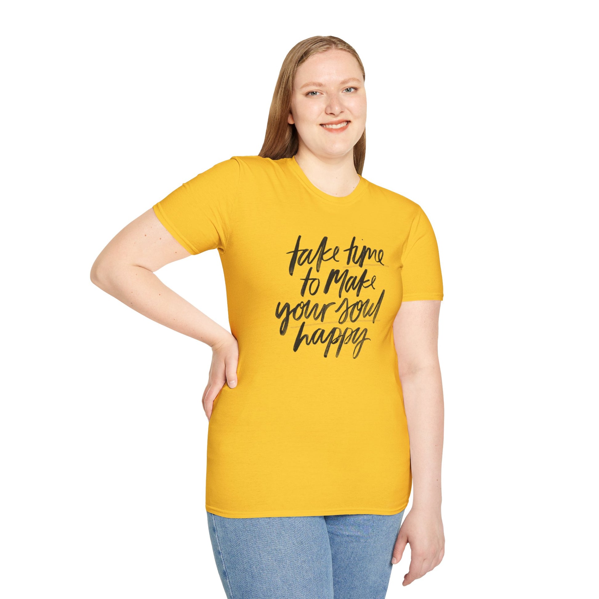 Inspirational Unisex Softstyle T-Shirt - 'Take Time to Make Your Soul Happy' - Rhythm & Drip