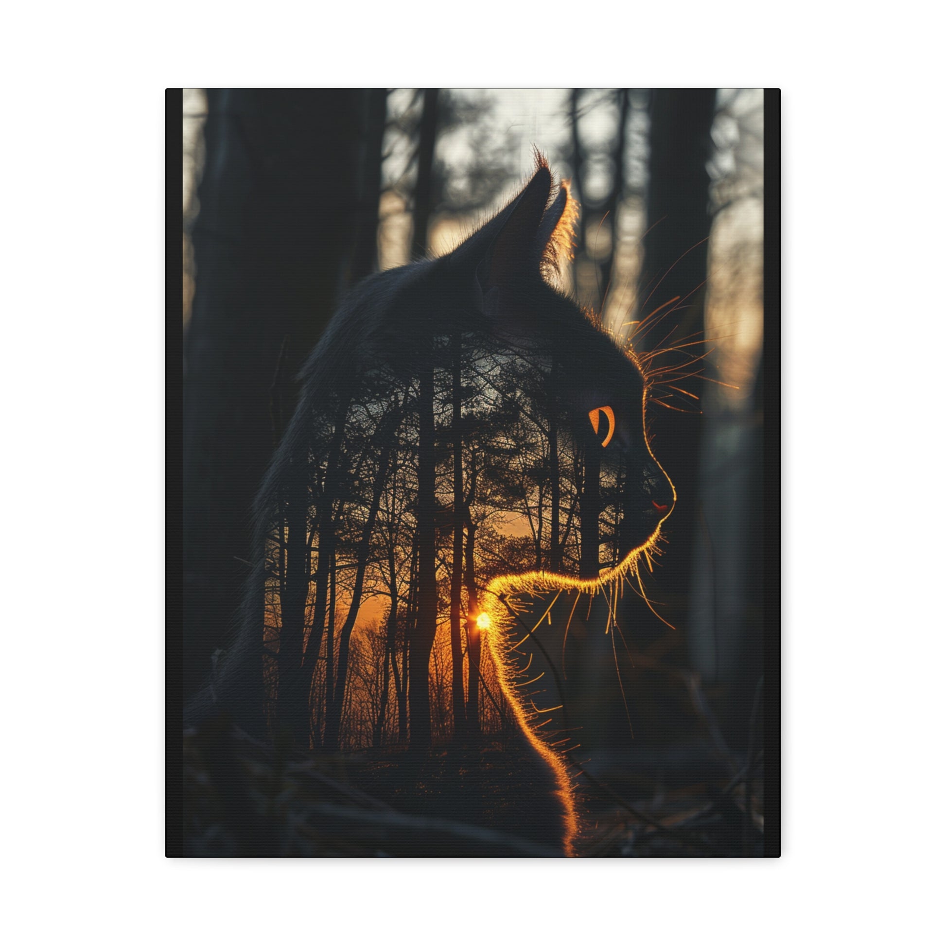 Cat- Silhouette Wall Art - Forest Sunset Canvas Decor, Animal Lover Gift, Home Decoration, Nature Inspired Art, Cat Aesthetic 16" x 20" (Vertical) 1.25" Rhythm & Drip Canvas Rhythm & Drip Apparel