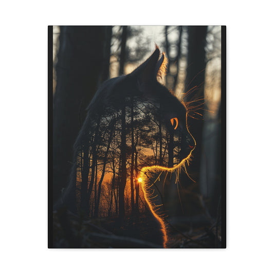 Cat- Silhouette Wall Art - Forest Sunset Canvas Decor, Animal Lover Gift, Home Decoration, Nature Inspired Art, Cat Aesthetic 16" x 20" (Vertical) 1.25" Rhythm & Drip Canvas Rhythm & Drip Apparel