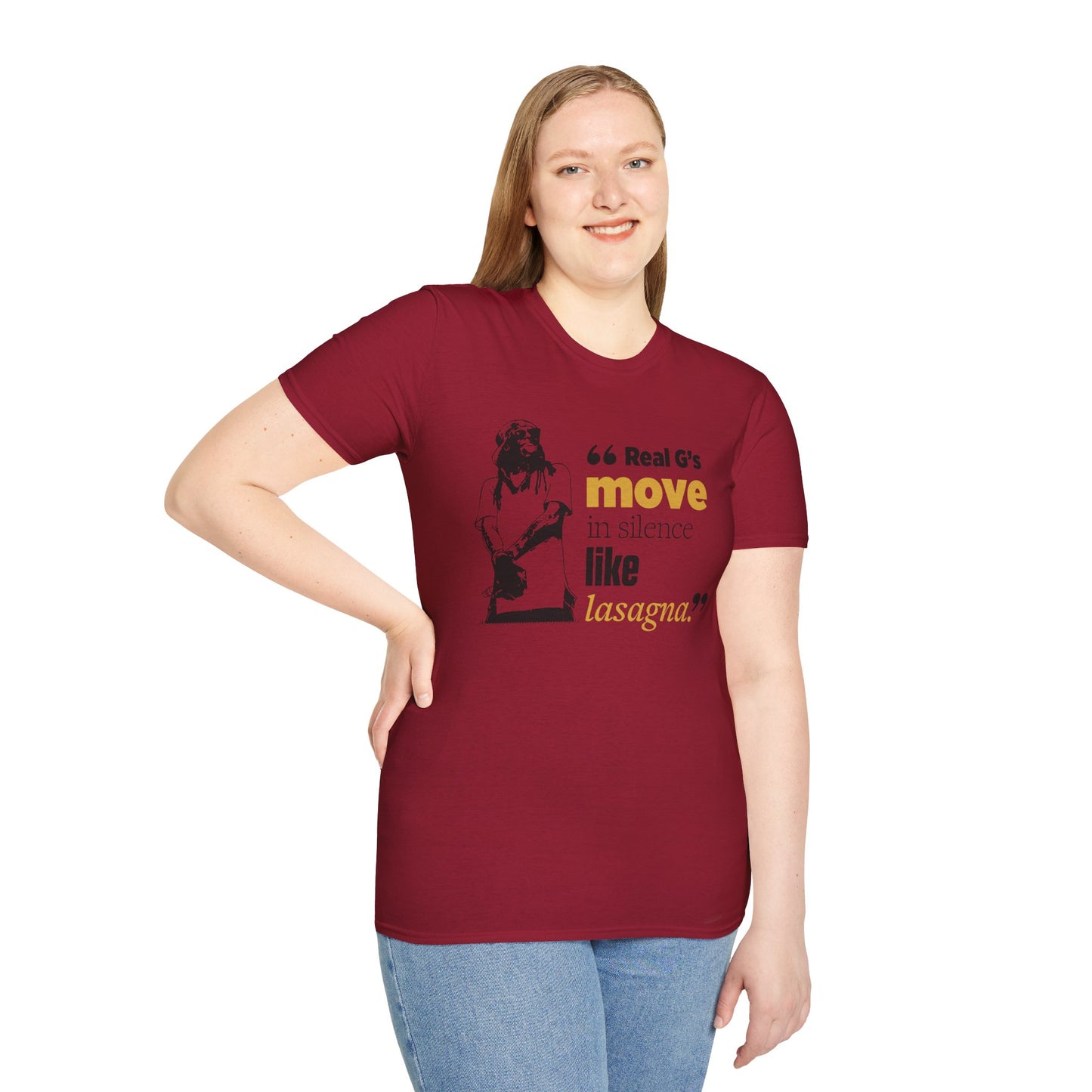 LilnWaynee Unisex Softstyle T-Shirt - 'Real G's Move in Silence Like Lasagna' Quote Tee - Rhythm & Drip