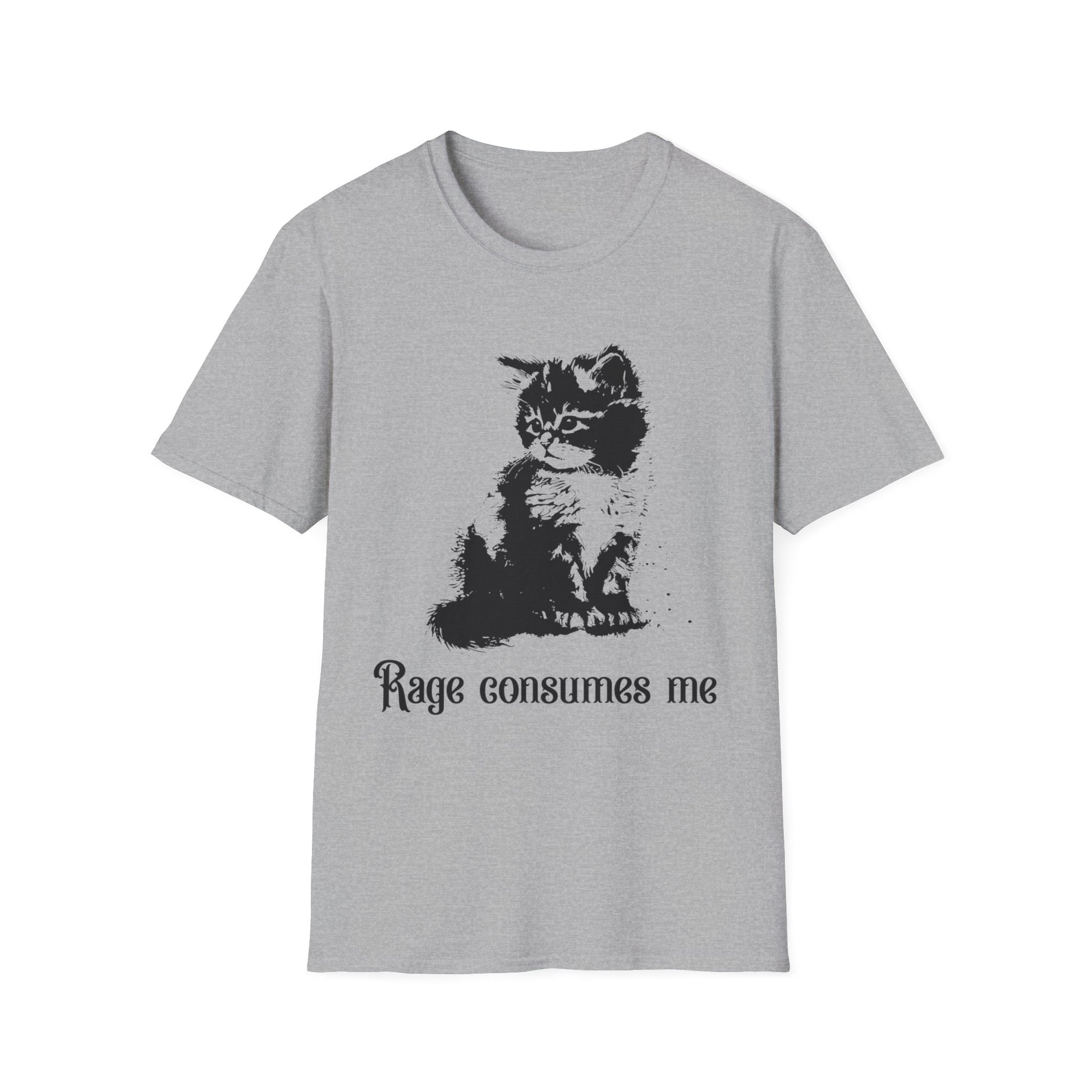 Funny Kitten Rage Consumes Me T-Shirt | Unisex Tee | Cute Cat Lover Gift, Pet Humor Shirt, Casual Wear, Gift for Cat Owners, Animal Lover Apparel Sport Grey Printify T-Shirt Rhythm & Drip Apparel