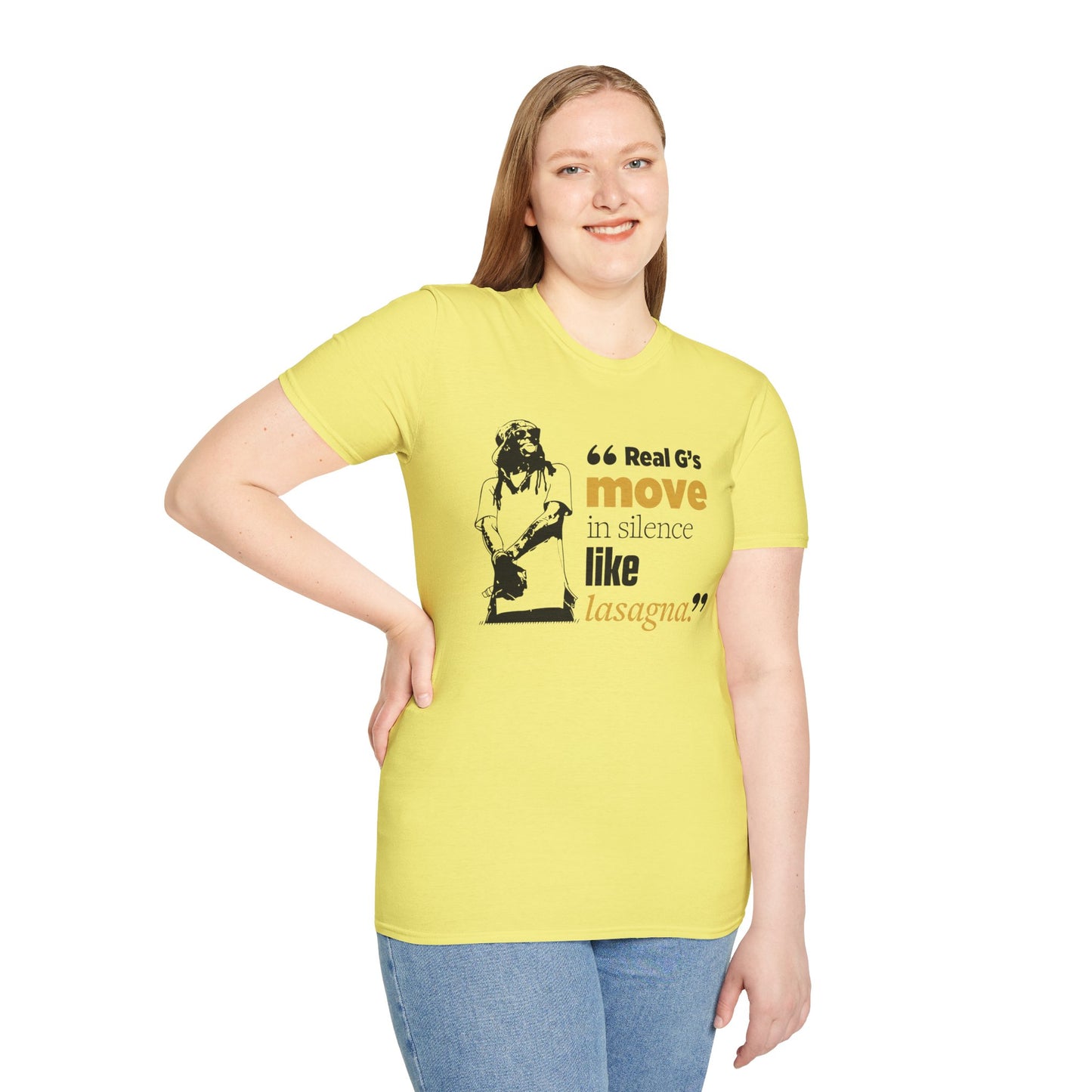 LilnWaynee Unisex Softstyle T-Shirt - 'Real G's Move in Silence Like Lasagna' Quote Tee - Rhythm & Drip