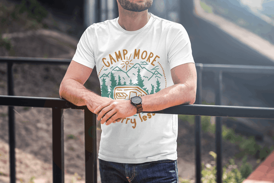 Camp More, Worry Less T-Shirt Printify T-Shirt Rhythm & Drip Apparel