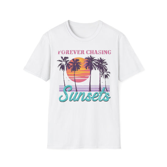 Summer- Forever Chasing Sunsets T-Shirt White Printify T-Shirt Rhythm & Drip Apparel