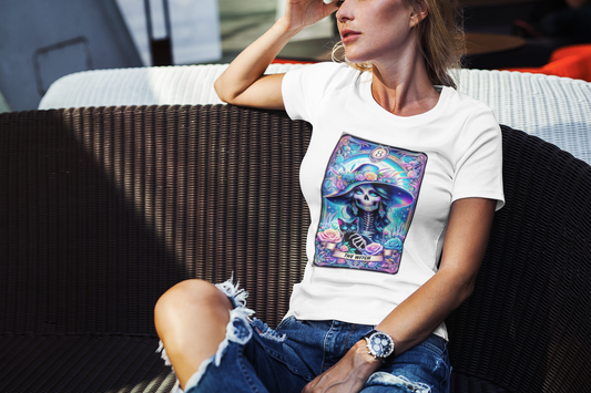 The Witch- Tarot Graphic Unisex Softstyle T-Shirt - Colorful Skeleton Design for Halloween & Everyday Wear - Rhythm & Drip