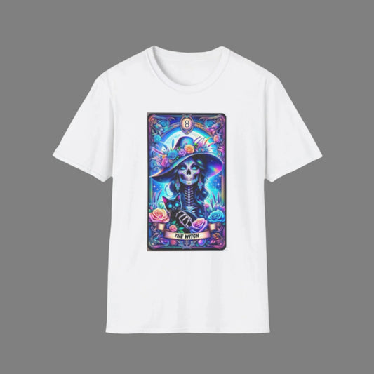 The Witch- Tarot Graphic Unisex Softstyle T-Shirt - Colorful Skeleton Design for Halloween & Everyday Wear - Rhythm & Drip